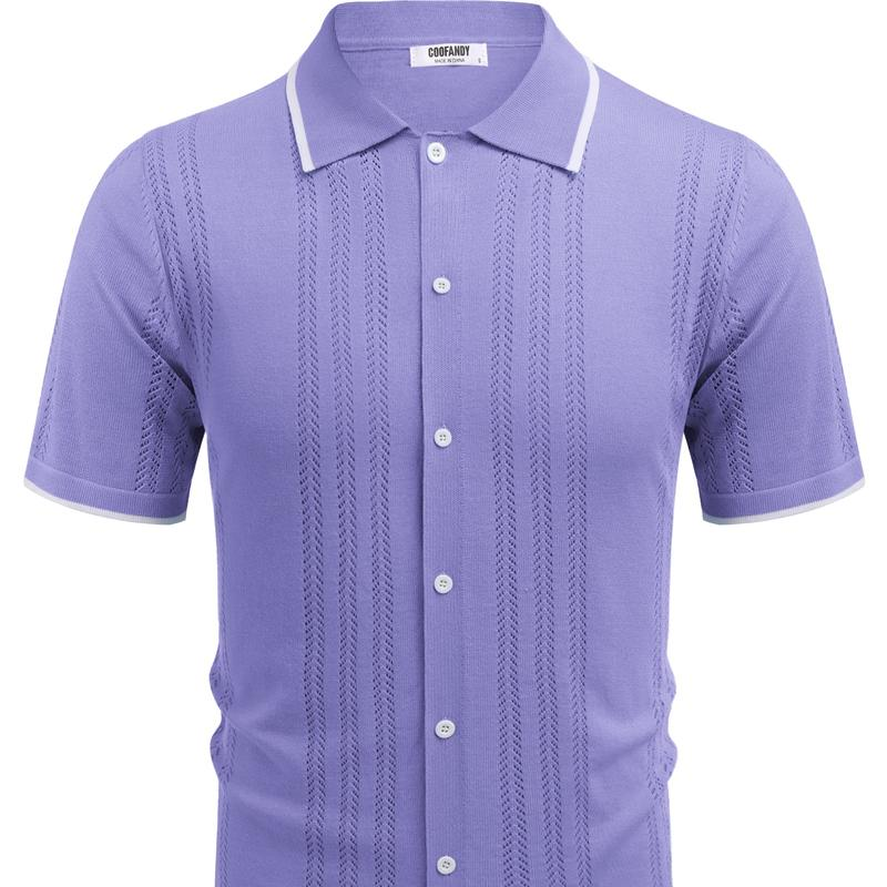 Men'S Knit Button down Shirt Vintage Short Sleeve Polo Shirts - Image 12