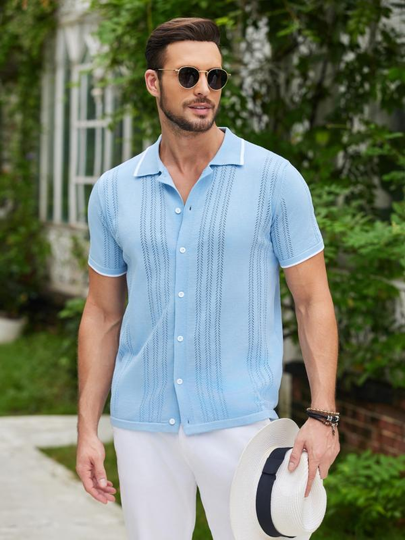 Men'S Knit Button down Shirt Vintage Short Sleeve Polo Shirts - Image 27