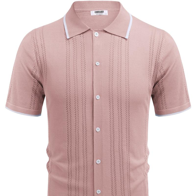 Men'S Knit Button down Shirt Vintage Short Sleeve Polo Shirts - Image 6