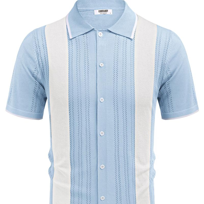 Men'S Knit Button down Shirt Vintage Short Sleeve Polo Shirts - Image 5