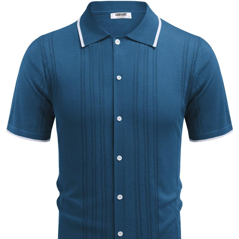 Men'S Knit Button down Shirt Vintage Short Sleeve Polo Shirts - Image 4