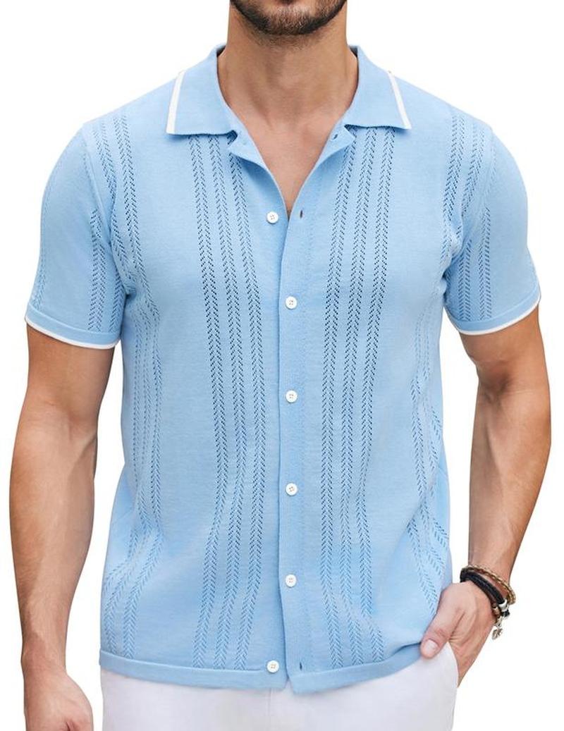 Men'S Knit Button down Shirt Vintage Short Sleeve Polo Shirts - Image 25