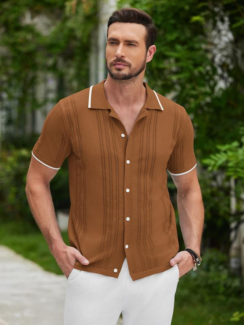 Men'S Knit Button down Shirt Vintage Short Sleeve Polo Shirts - Image 24