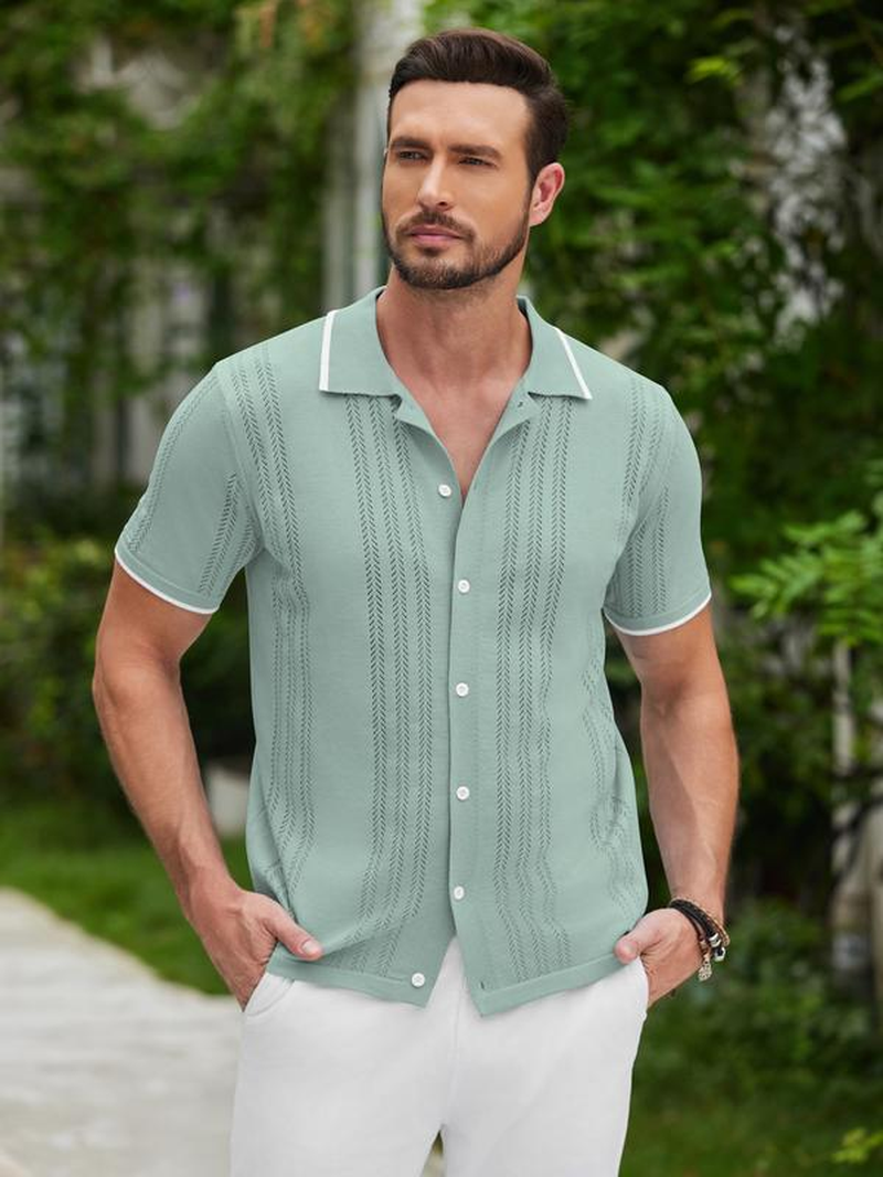 Men'S Knit Button down Shirt Vintage Short Sleeve Polo Shirts - Image 23