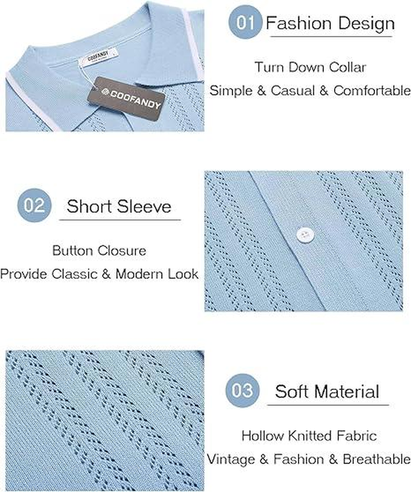 Men'S Knit Button down Shirt Vintage Short Sleeve Polo Shirts - Image 22