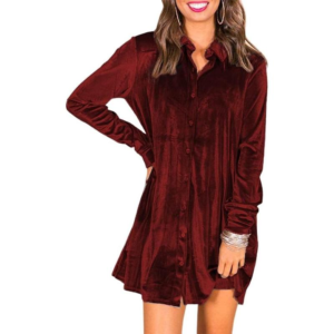 Goranbon Women'S Button down Tshirt Dresses Velvet Tunic Dress with Pockets