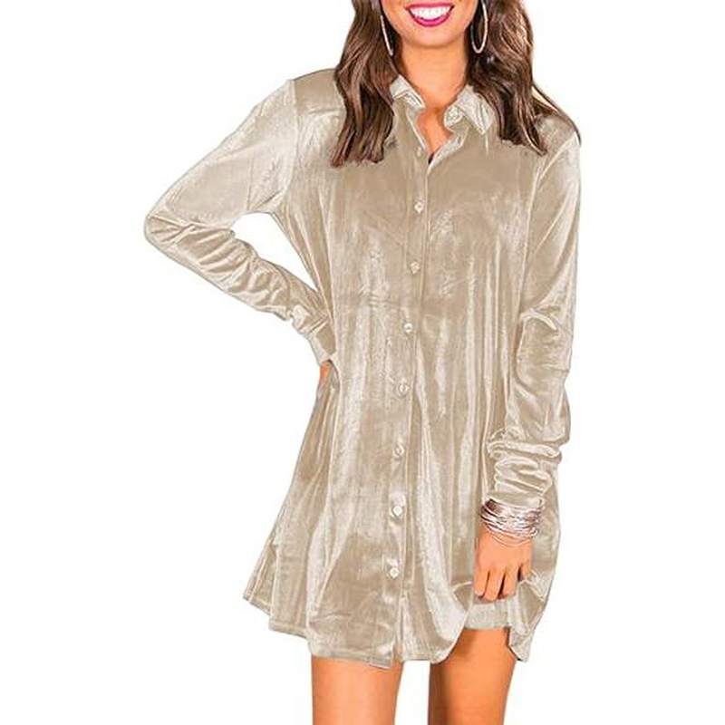 GEGEKOKO Women'S Velvet Button down T Shirts Swing Mini Dress Casual Long Sleeves Lapel Tunic Tops Spring Work Wear Dainty Dress Fit Summer - Image 12