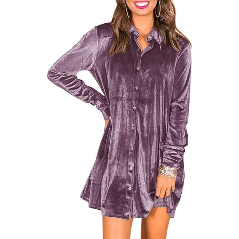 GEGEKOKO Women'S Velvet Button down T Shirts Swing Mini Dress Casual Long Sleeves Lapel Tunic Tops Spring Work Wear Dainty Dress Fit Summer - Image 10