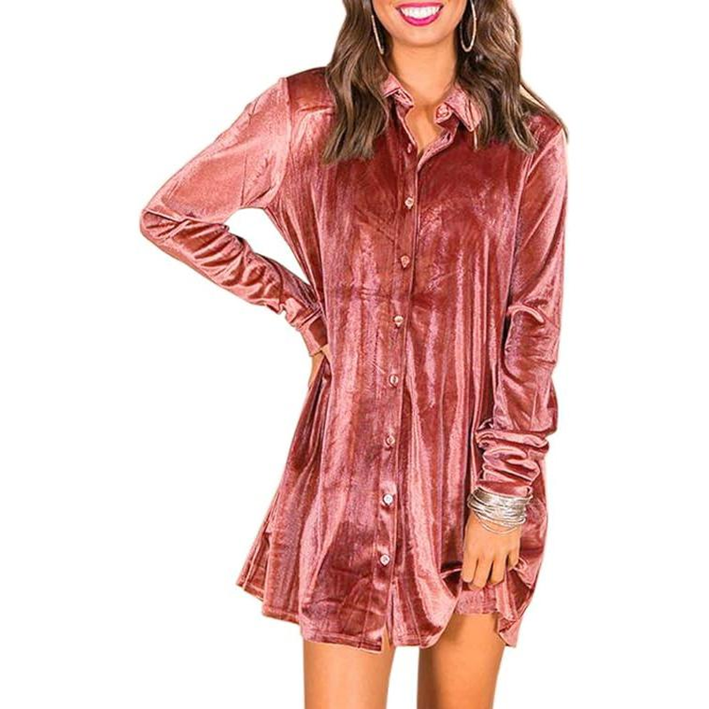 GEGEKOKO Women'S Velvet Button down T Shirts Swing Mini Dress Casual Long Sleeves Lapel Tunic Tops Spring Work Wear Dainty Dress Fit Summer - Image 9
