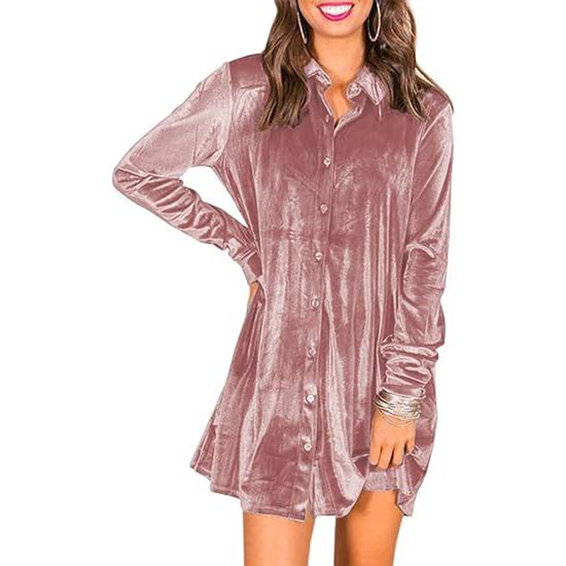 GEGEKOKO Women'S Velvet Button down T Shirts Swing Mini Dress Casual Long Sleeves Lapel Tunic Tops Spring Work Wear Dainty Dress Fit Summer - Image 8