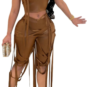 Alternative view of MESLIMA Women'S Bandage 2 Piece Elastic Irregular Tank Top Solid Lace up Bodycon Split Long Pant Sets Clubwear