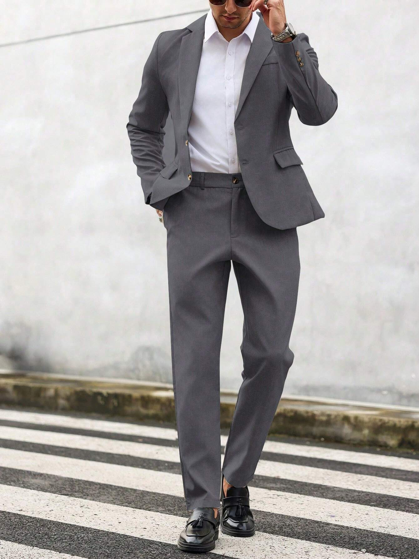 Manfinity Mode 2Pcs Men'S Solid Color Single-Breasted Blazer and Pants Suit Men Suit and Pants - Image 6