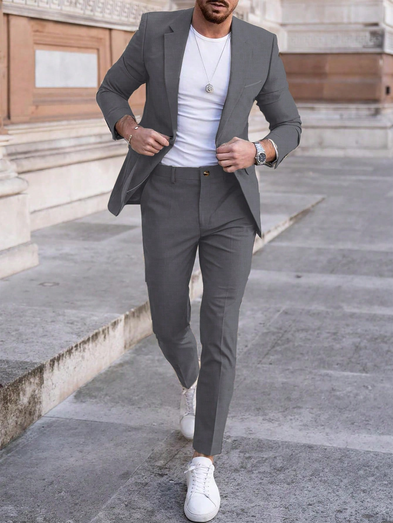 Manfinity Mode 2Pcs Men'S Solid Color Single-Breasted Blazer and Pants Suit Men Suit and Pants - Image 7