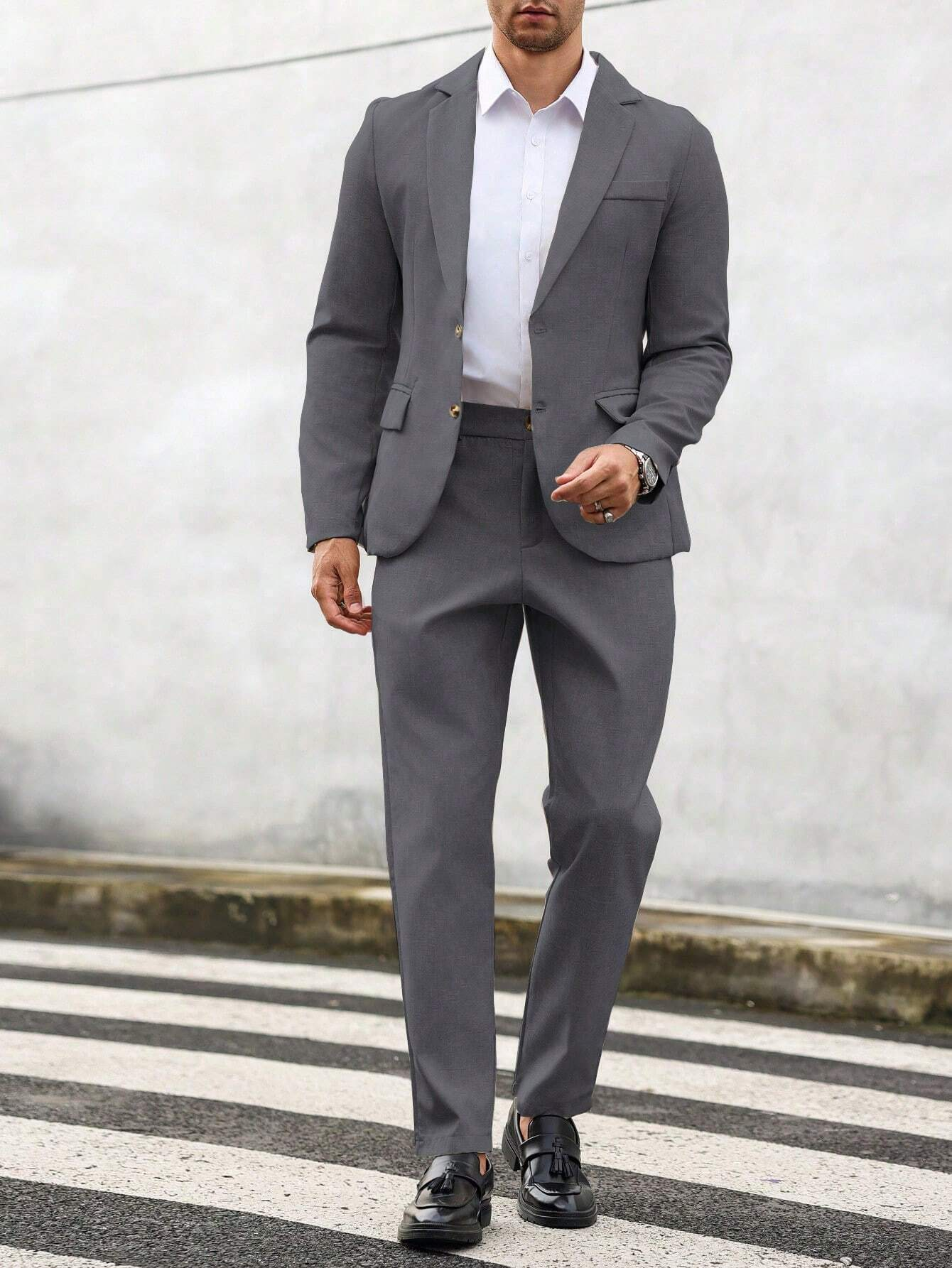 Manfinity Mode 2Pcs Men'S Solid Color Single-Breasted Blazer and Pants Suit Men Suit and Pants - Image 2