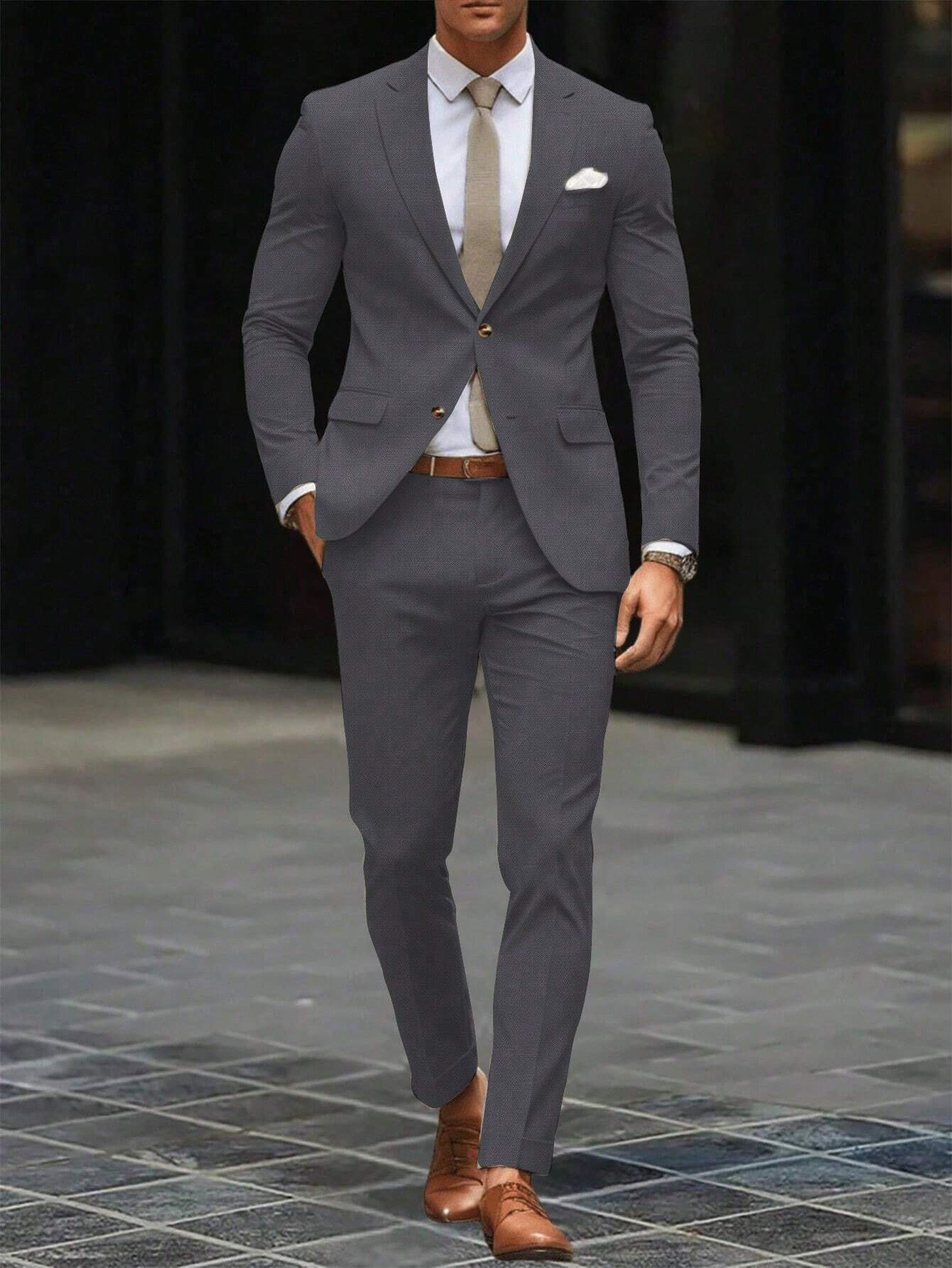 Manfinity Mode 2Pcs Men'S Solid Color Single-Breasted Blazer and Pants Suit Men Suit and Pants