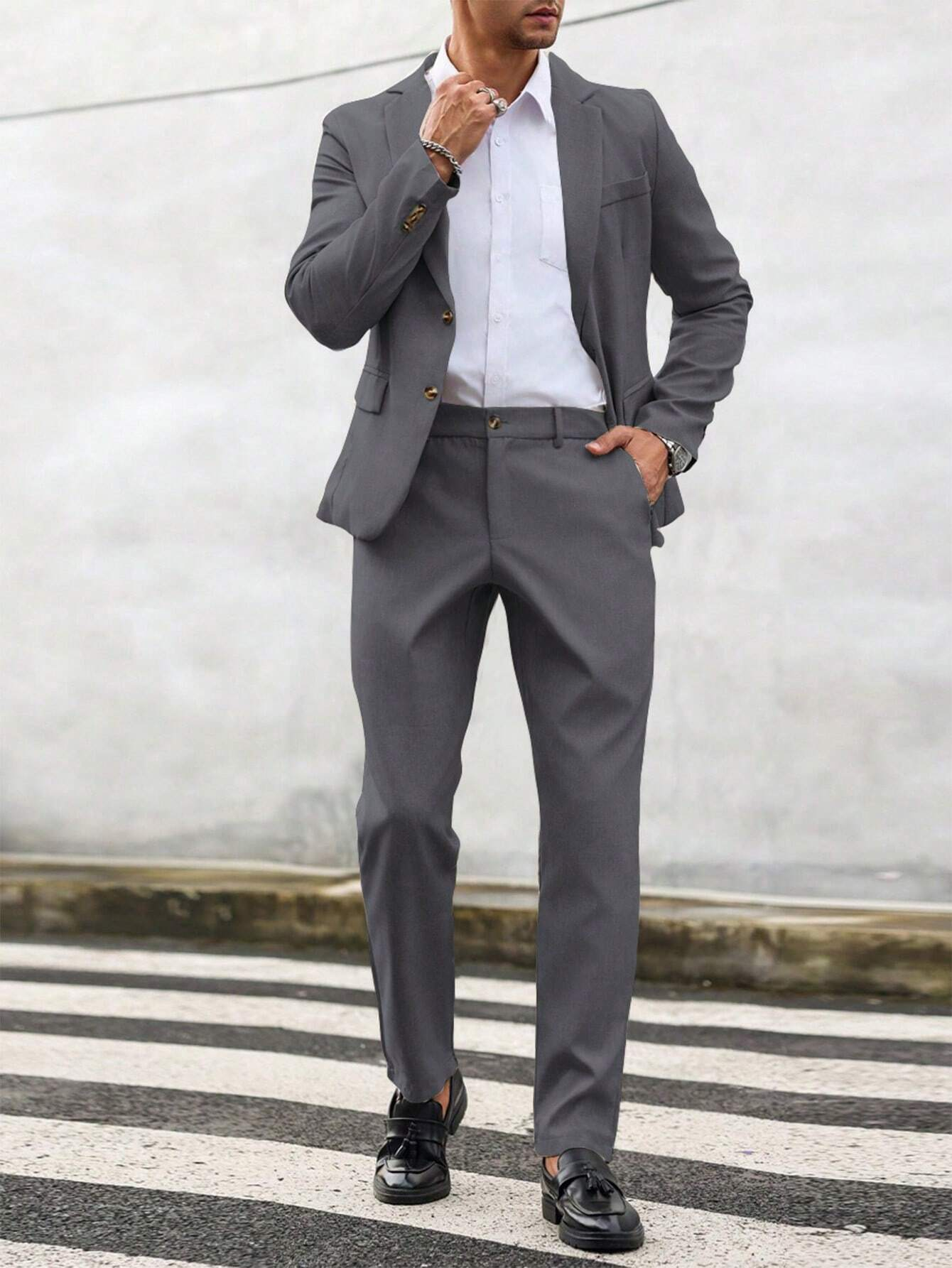 Manfinity Mode 2Pcs Men'S Solid Color Single-Breasted Blazer and Pants Suit Men Suit and Pants - Image 5