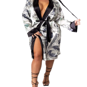 New Fashion Women Ladies Satin Silk Robes Trendy Dollar Print Long Sleeve Silky Kimono Bathrobe Sleepwear with Belt