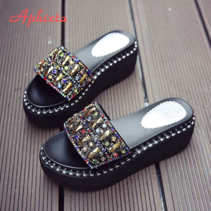 Platform Rhinestone Sandals Slippers Women Gemstone Slides Women Shoes Wedge Slippers String Bead Beach Slides Shoes