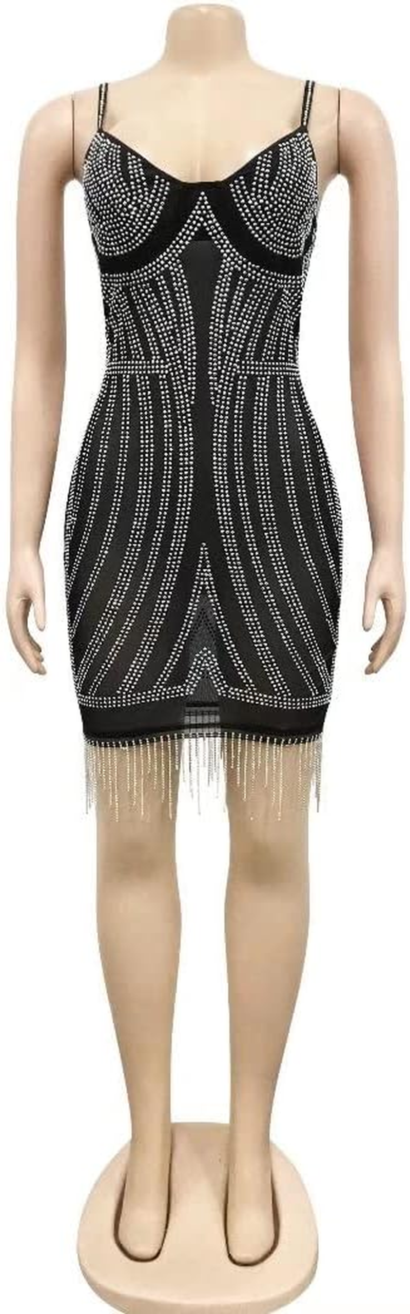 Sexy Party Cocktail Dresses for Women Spaghetti Strap Sleeveless Rhinestone Tassel Bodycon Mini Dress Apricot XL - Image 6