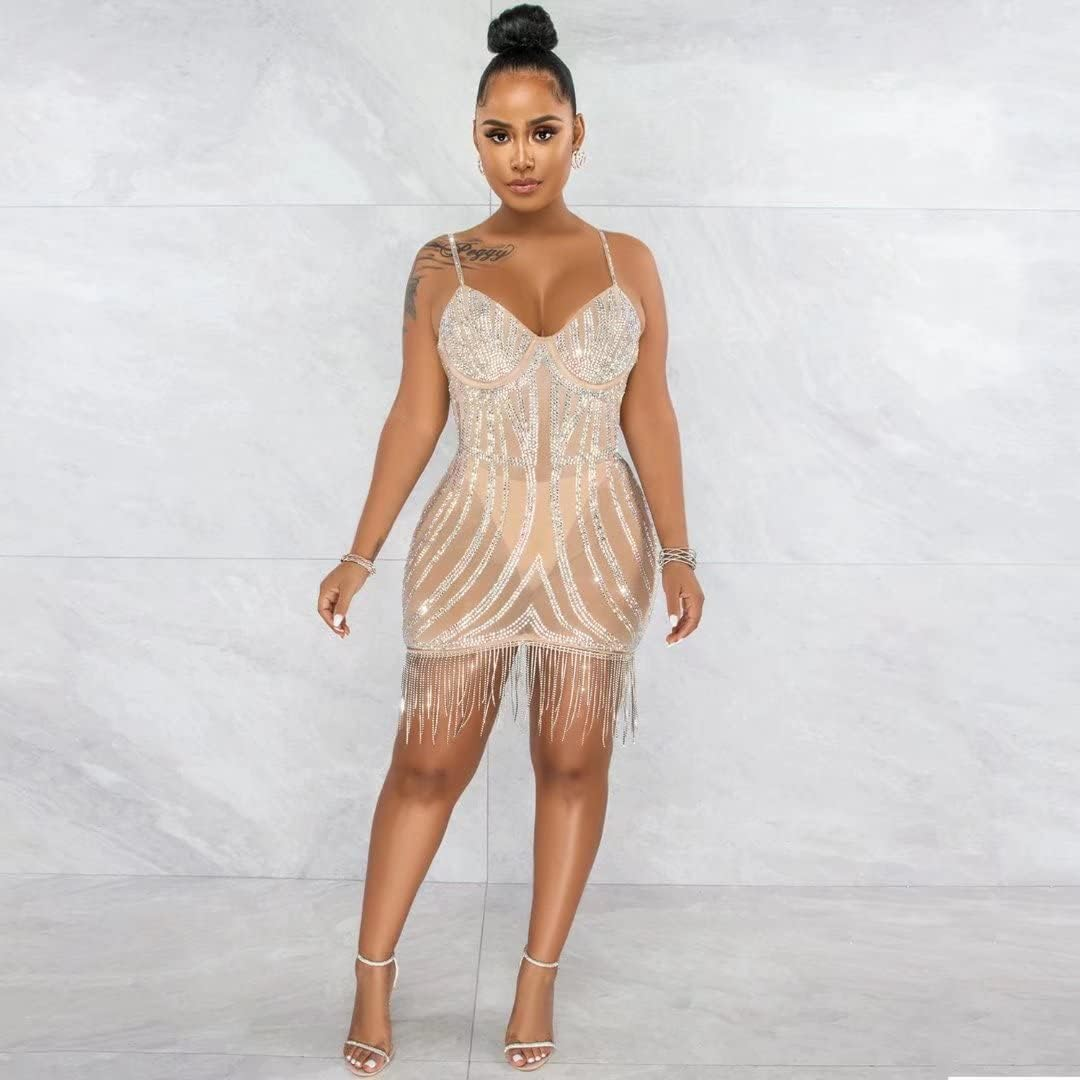 Sexy Party Cocktail Dresses for Women Spaghetti Strap Sleeveless Rhinestone Tassel Bodycon Mini Dress Apricot XL - Image 4