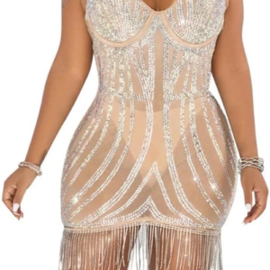 Sexy Party Cocktail Dresses for Women Spaghetti Strap Sleeveless Rhinestone Tassel Bodycon Mini Dress Apricot XL