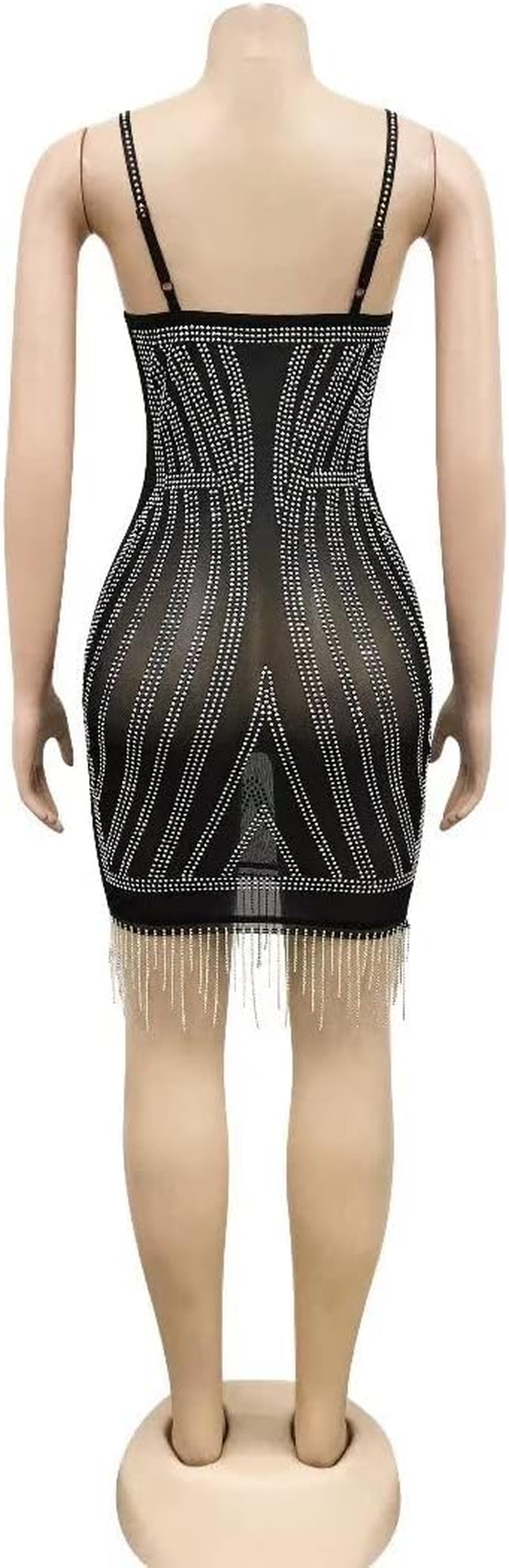Sexy Party Cocktail Dresses for Women Spaghetti Strap Sleeveless Rhinestone Tassel Bodycon Mini Dress Apricot XL - Image 8