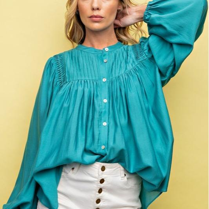 Shiny Crepe Woven Button down Top - Teal - Image 5
