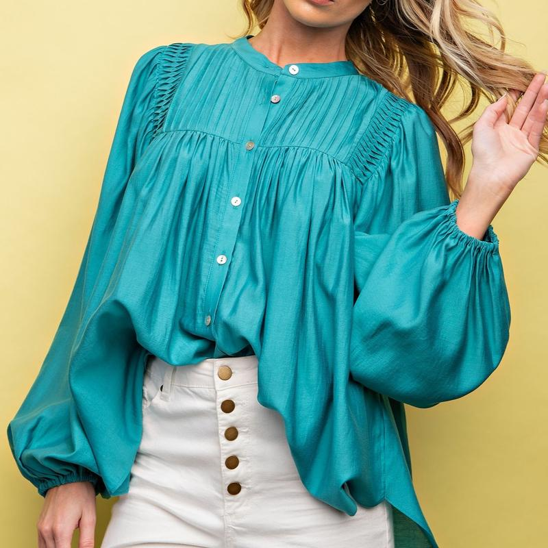 Shiny Crepe Woven Button down Top - Teal - Image 4