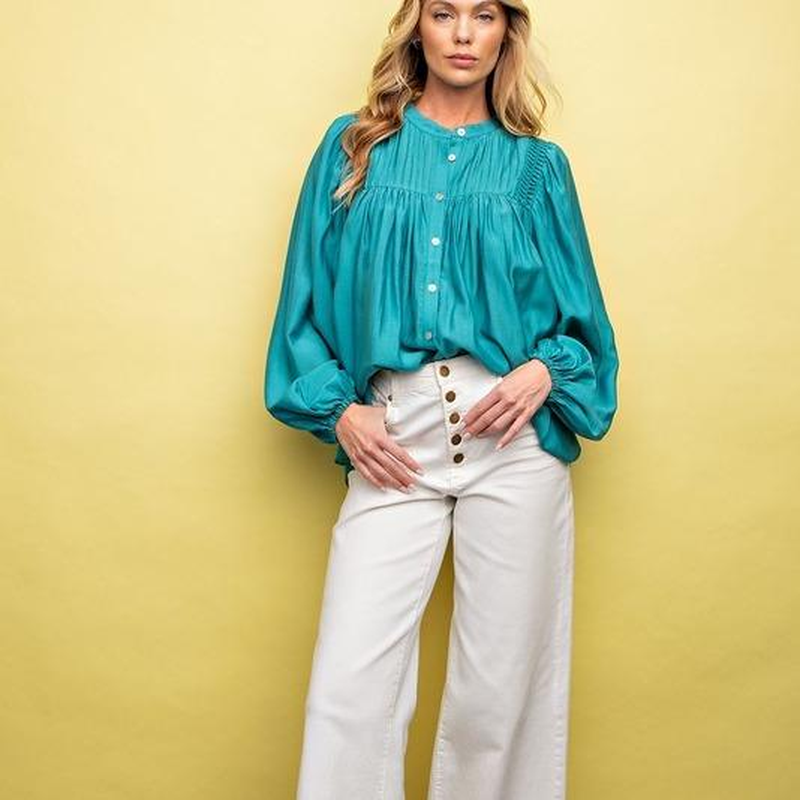 Shiny Crepe Woven Button down Top - Teal - Image 3