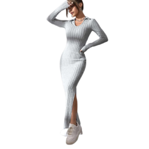 Spring Autumn Sexy Knitted Long Dress Women Long Sleeve V Neck Bodycon Maxi Dress Slit Hem Thread Slim Evening Party Dress