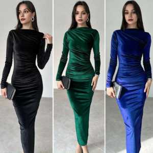 Alternative view of Spring Autumn Sexy Knitted Long Dress Women Long Sleeve V Neck Bodycon Maxi Dress Slit Hem Thread Slim Evening Party Dress