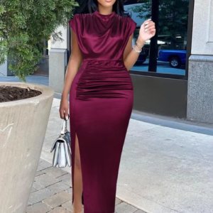 Women Dress Pleated Long Wine Red Elegant Slit High Collar Slim Fit Sleeveless Maxi Robes Female Shiny Gowns Party 2023 Spring