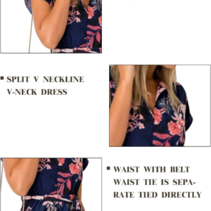 Alternative view of Women'S Dresses Summer Floral Geometric Pattern Short Sleeve Midi V-Neck Casual Dress with Belt S-2XL