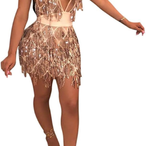 Alternative view of Women'S Sexy V Neck Sparkly Glitter Sequin Tassels See through Sleeveless Backless Bodycon Club Party Night Mini Dresses (A182-Champagne,L)