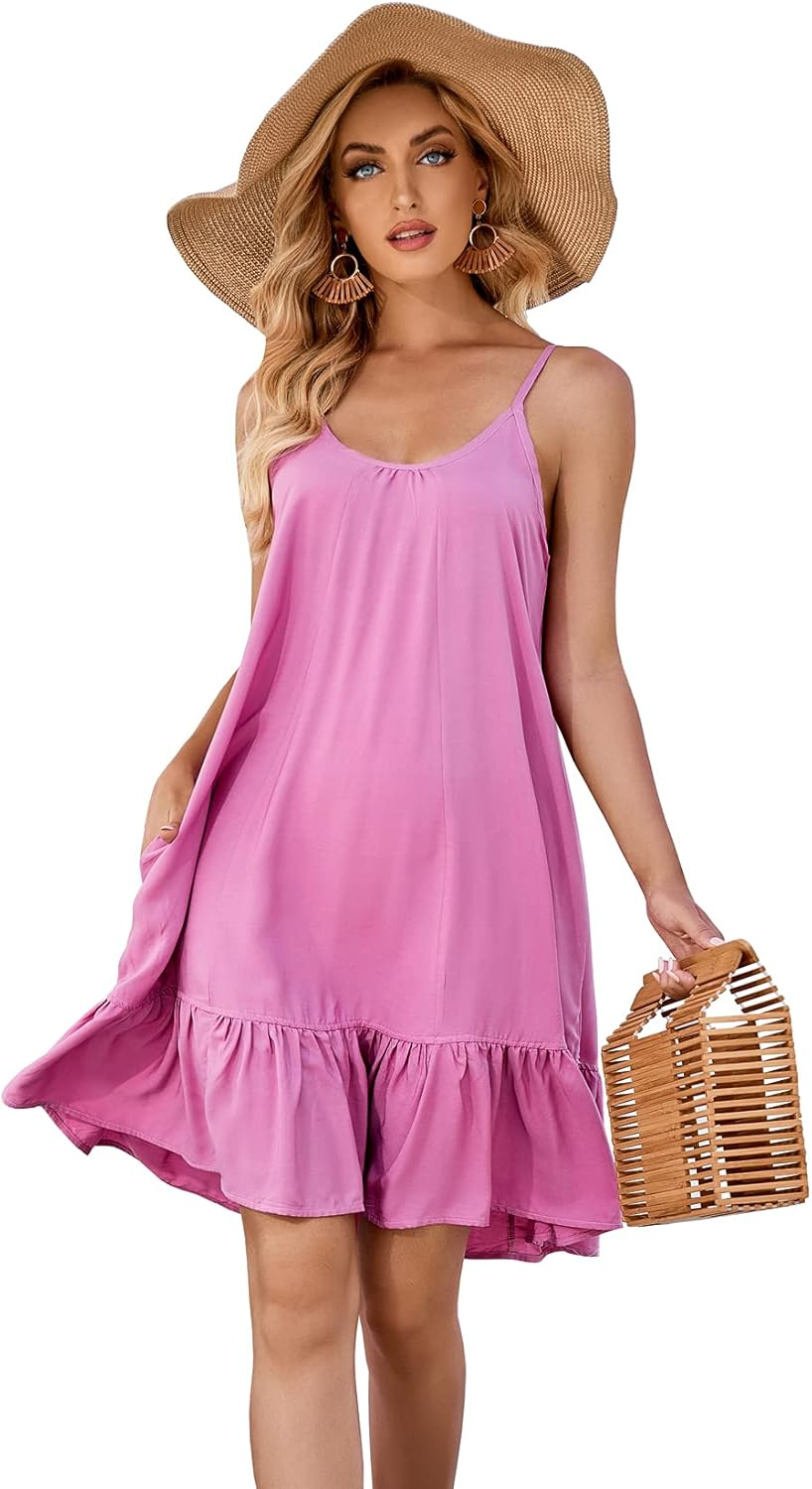 Women'S V Neck Floral Summer Dress Boho Printed Adjustable Spaghetti Strap Beach Short Dress with Pockets - Image 2