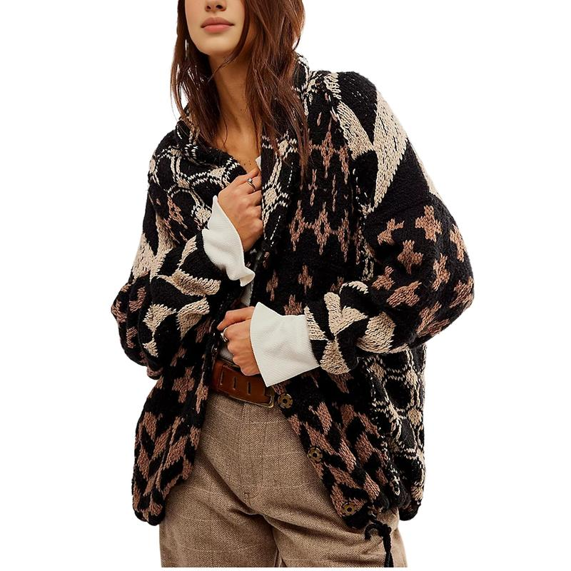 Yeokou Women Fall Sweater Cardigans Graphic Button down Collar Knitwear Long Sleeve Oversized Y2K Print Coats