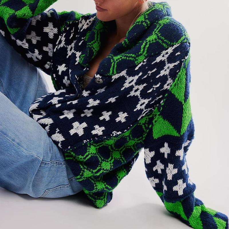 Yeokou Women Fall Sweater Cardigans Graphic Button down Collar Knitwear Long Sleeve Oversized Y2K Print Coats - Image 8