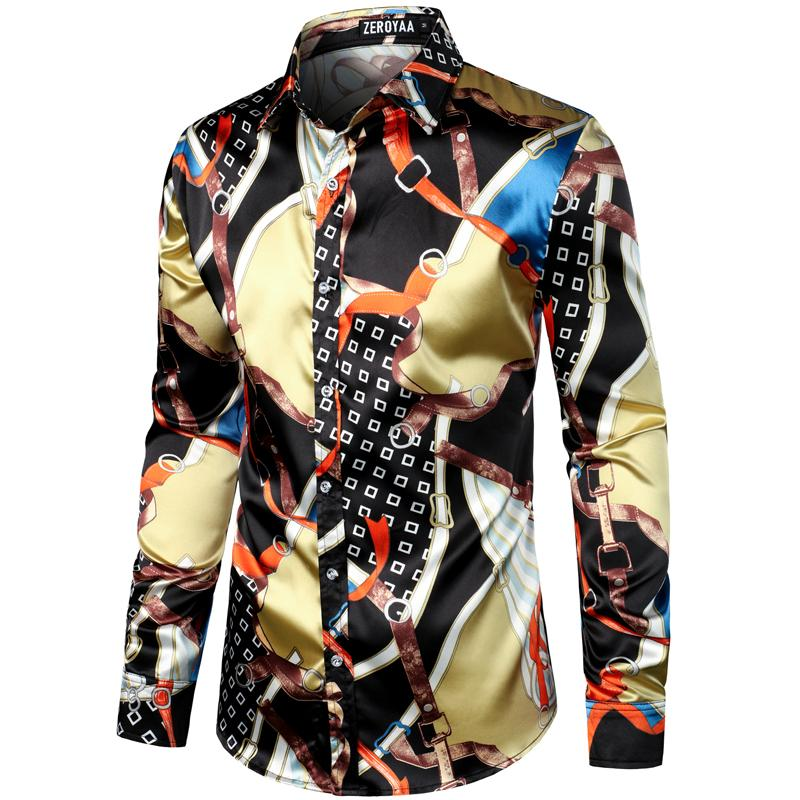 ZEROYAA Men'S Hipster Fitted Silk like Satin Dress Shirt Long Sleeve Button down Printed Shirt for Party Prom Fourth July Shirt Summer Outfits Men Funny Shirts - Image 3