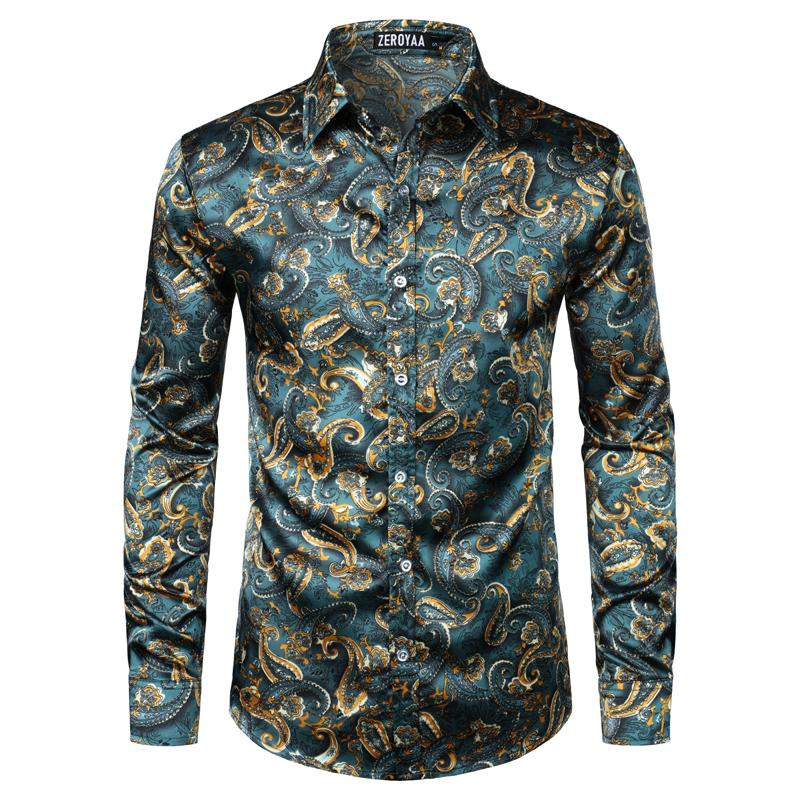 ZEROYAA Men'S Hipster Fitted Silk like Satin Dress Shirt Long Sleeve Button down Printed Shirt for Party Prom Fourth July Shirt Summer Outfits Men Funny Shirts - Image 18