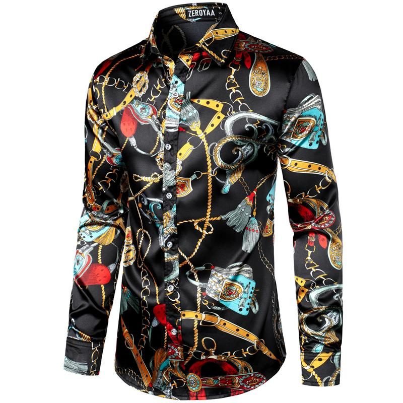 ZEROYAA Men'S Hipster Fitted Silk like Satin Dress Shirt Long Sleeve Button down Printed Shirt for Party Prom Fourth July Shirt Summer Outfits Men Funny Shirts - Image 16