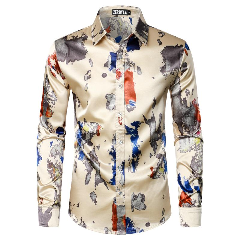 ZEROYAA Men'S Hipster Fitted Silk like Satin Dress Shirt Long Sleeve Button down Printed Shirt for Party Prom Fourth July Shirt Summer Outfits Men Funny Shirts - Image 15