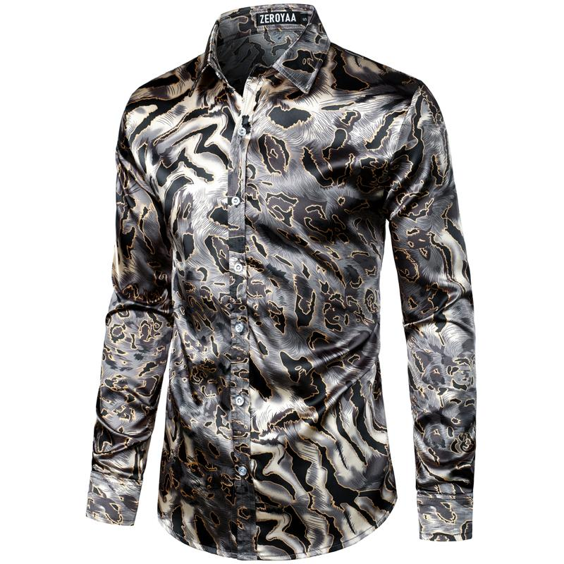 ZEROYAA Men'S Hipster Fitted Silk like Satin Dress Shirt Long Sleeve Button down Printed Shirt for Party Prom Fourth July Shirt Summer Outfits Men Funny Shirts - Image 14