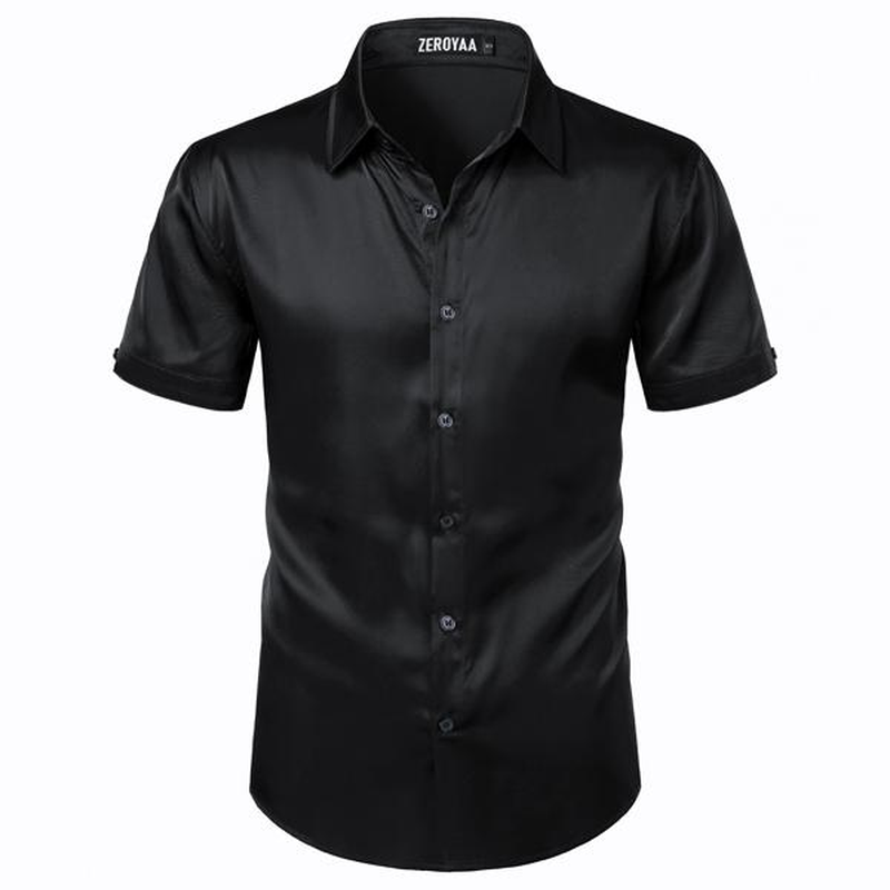 ZEROYAA Men'S Hipster Shiny Silk Satin Shirt Regular Fit Short Sleeve Casual Button down Dress Shirts for Summer Party