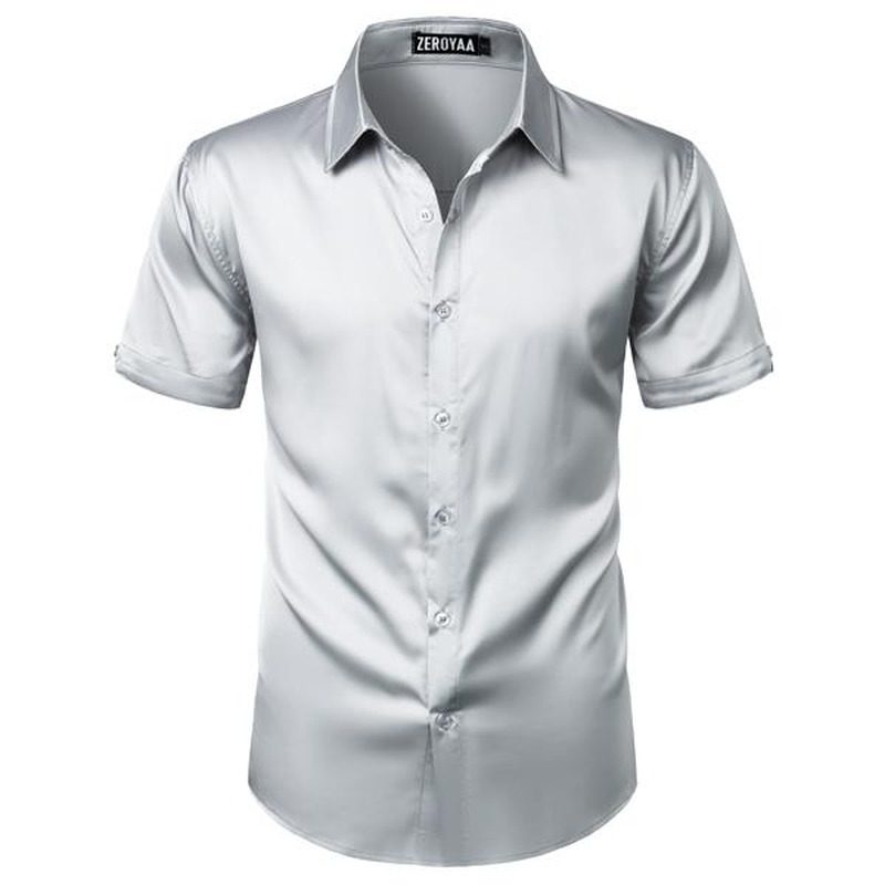 ZEROYAA Men'S Hipster Shiny Silk Satin Shirt Regular Fit Short Sleeve Casual Button down Dress Shirts for Summer Party - Image 3