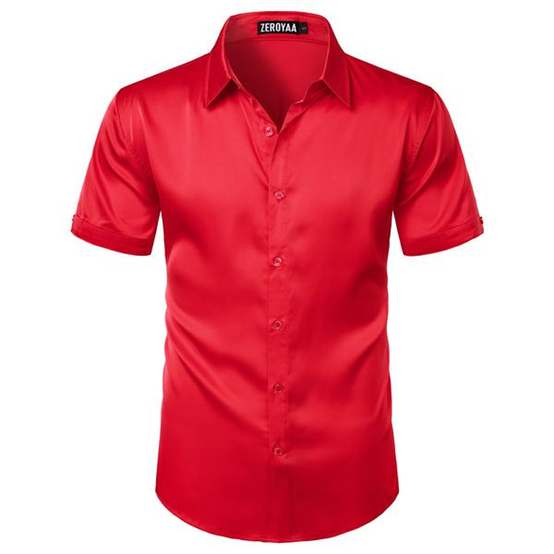 ZEROYAA Men'S Hipster Shiny Silk Satin Shirt Regular Fit Short Sleeve Casual Button down Dress Shirts for Summer Party - Image 14