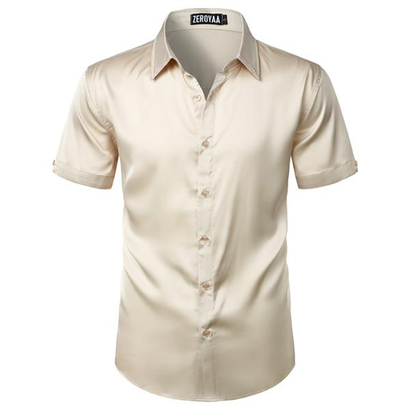 ZEROYAA Men'S Hipster Shiny Silk Satin Shirt Regular Fit Short Sleeve Casual Button down Dress Shirts for Summer Party - Image 20