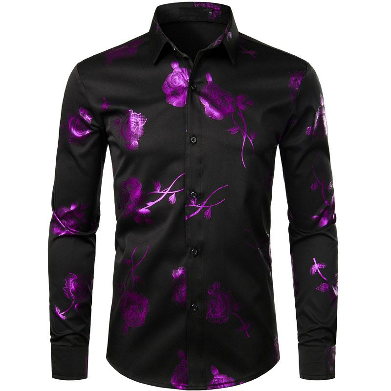 ZEROYAA Mens Hipster 3D Golden Rose Floral Printed Slim Fit Long Sleeve Button down Dress Shirts Casual Elegant Classy Menswear Fourth July Shirt Stylish Fabric Button Shirt Top Black Pink - Image 20