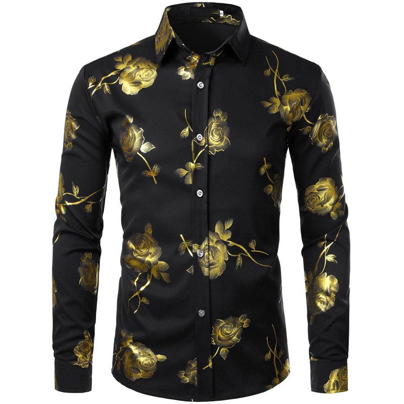 ZEROYAA Mens Hipster 3D Golden Rose Floral Printed Slim Fit Long Sleeve Button down Dress Shirts Casual Elegant Classy Menswear Fourth July Shirt Stylish Fabric Button Shirt Top Black Pink - Image 8