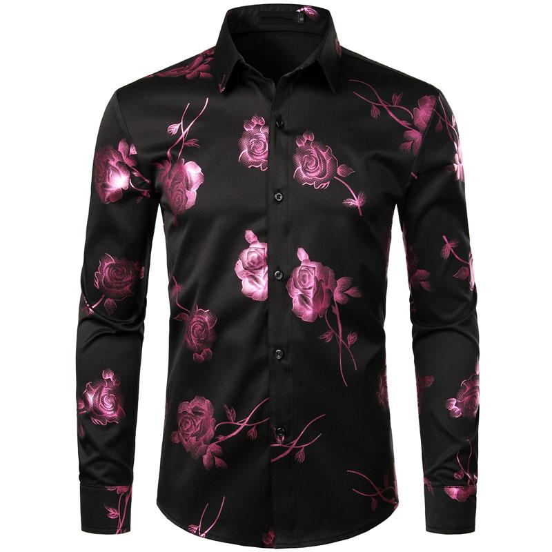 ZEROYAA Mens Hipster 3D Golden Rose Floral Printed Slim Fit Long Sleeve Button down Dress Shirts Casual Elegant Classy Menswear Fourth July Shirt Stylish Fabric Button Shirt Top Black Pink - Image 7