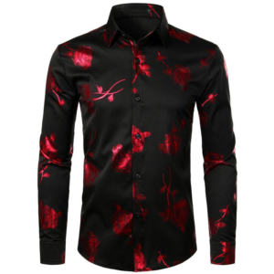 Alternative view of ZEROYAA Mens Hipster 3D Golden Rose Floral Printed Slim Fit Long Sleeve Button down Dress Shirts Casual Elegant Classy Menswear Fourth July Shirt Stylish Fabric Button Shirt Top Black Pink